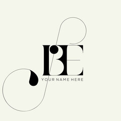 BE monogram.Typographic logo with serif letter b and letter e overlapped.Uppercase lettering icon with decorative swirl.Elegant, luxury style initials isolated on white background. © elaT
