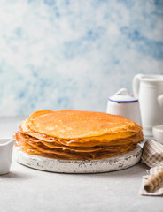 Homemade recipe of thin crepes (Blini) for breakfast or dessert.