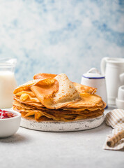 Homemade recipe of thin crepes (Blini) for breakfast or dessert.
