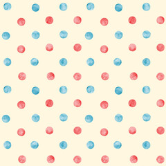 Polka dot blue and red watercolor seamless pattern. Abstract watercolour color circles on white background