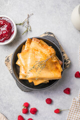 Homemade recipe of thin crepes (Blini) for breakfast or dessert.