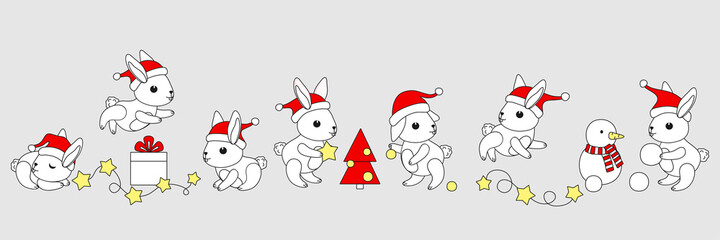 Big set of cute babies bunnies in red Santa's hat.  Inscription "Merry Christmas". Greeting card, vector banner