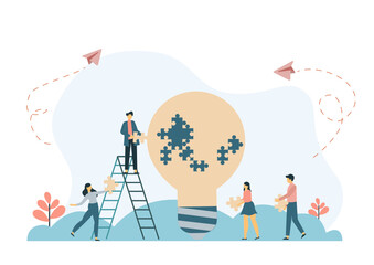 Office People Work Together Setting Up Huge Lightbulb Separated on Puzzle Pieces Standing on Ladde
