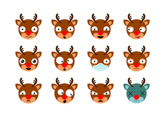Cute cartoon Santa's reindeer Rudolph. Christmas emoji face set. Icons emoticons . Isolated vector illustration