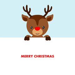Christmas greeting card. Baby Santa's reindeer Rudolph and inscription Merry Christmas. Vector illustration. 