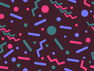 Memphis seamless pattern with geometric shapes in the style of 80s. Background for brochures, banners and wrapping paper. Vector illustration