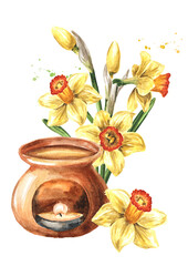 Spring Narcissus flower and aroma lamp. Hand drawn watercolor illustration, isolated on white background