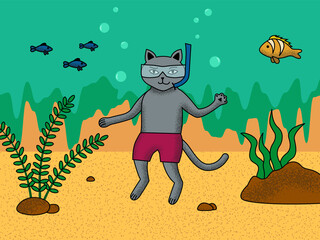 Funny cartoon character. The cat in swimming goggles underwater. A gray cat in the underwater world looks at a fish. Children's vector illustration.