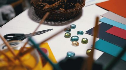 On Table is lined Paper Color Palette. Rainbow Composition. Creative Thinking - Powered by Adobe