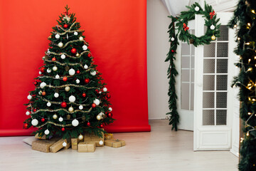 Red Christmas background Christmas tree decor interior postcard