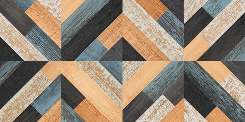Weathered wooden boards. Seamless colorful wooden floor with geometric pattern. Wood texture background.  - 391316031