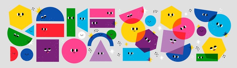 Naklejka premium Big Set of Various bright basic Geometric Figures with face emotions. Different shapes. Hand drawn trendy Vector illustration for kids. Cute funny characters. All elements are isolated