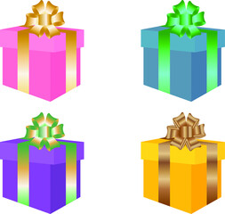 Set of four colored gift boxes with gradient bows and ribbons