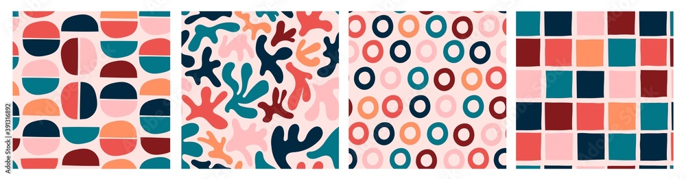 Poster various colored abstract shapes. set of four colorful abstract seamless patterns. background, wallpa