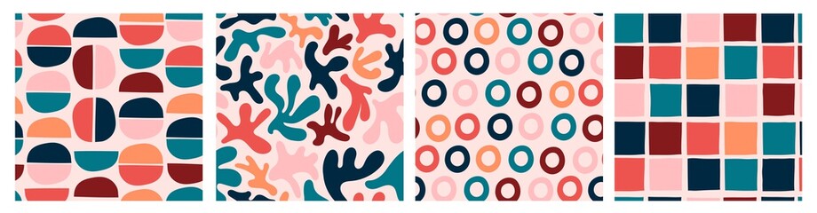 Fototapeta na wymiar Various colored Abstract shapes. Set of four Colorful abstract Seamless patterns. Background, wallpaper. Hand drawn vector illustration. Pastel colors. Perfect for textile prints