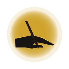 Hand holds a stylus. The icon indicates a drawing on a graphics tablet. The concept of using the accessory as intended. Vector flat style illustration. Round gold background. Can be used for buttons