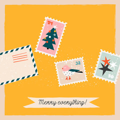 Yellow Christmas greeting card, invitation. Winter holiday post stamps and a handwritten greeting. Trendy vintage illustrated card design template. Winter holiday concept. Minimalistic card design.