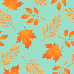 Fototapeta na wymiar multi autumn leaves seamless pattern on light green