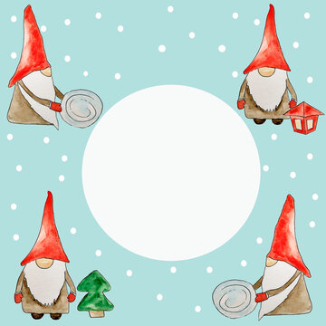 Winter background falling snow Gnomes make snow on the Christmas tree. Watercolor illustration for your text, for invitations, cards, cover templates.
