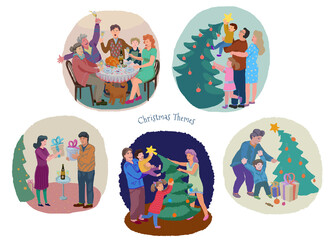Christmas and New Year fest family celebration illustration set
