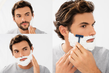 Collage of young man applying foam and shaving with razor isolated on grey