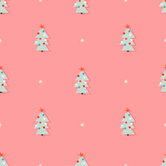 Christmas trees on a pink background seamless vector pattern. Trendy hand-drawn illustrated pattern design. Minimalistic Christmas pattern. Vintage winter holiday texture for wrapping, web, stationery