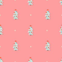 Christmas trees on a pink background seamless vector pattern. Trendy hand-drawn illustrated pattern design. Minimalistic Christmas pattern. Vintage winter holiday texture for wrapping, web, stationery