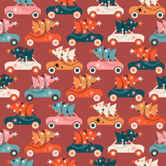 Christmas trees and cars seamless festive patterns. The vintage retro brown pattern for print, fabric, textile, stationery, wrapping paper. Trendy illustrated childish cars' seamless vector design.   