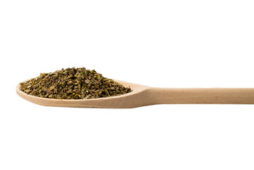Oregano spice in wooden spoon isolated.
