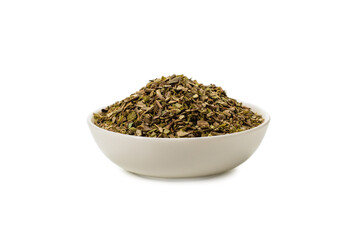 Oregano in a bowl isolated.