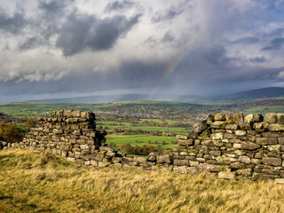 Old dry stone walls and beautiful views over Wharfedale. Ilkley moor. North Yorkshire