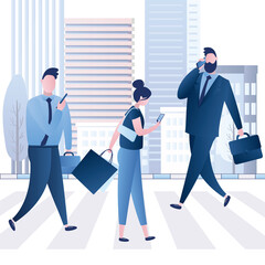 Obraz premium Group of employees cross road. Business people in suit go home or to work. Office workers with briefcases on crosswalk