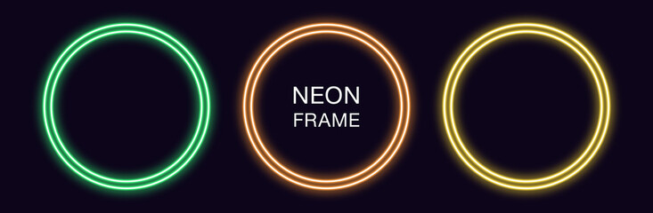 Neon circle Frame. Set of round neon Border with double outline