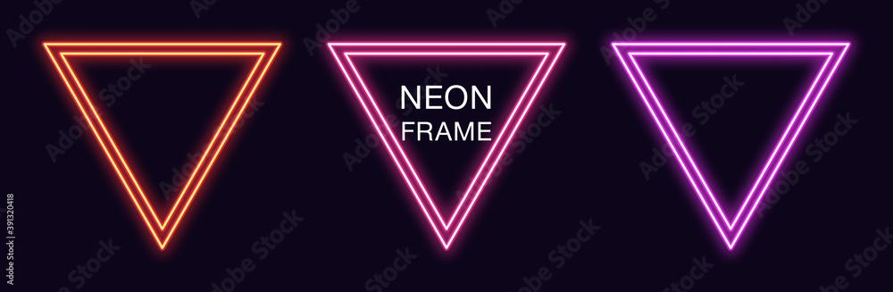 Poster neon triangle frame. set of triangular neon border with double outline