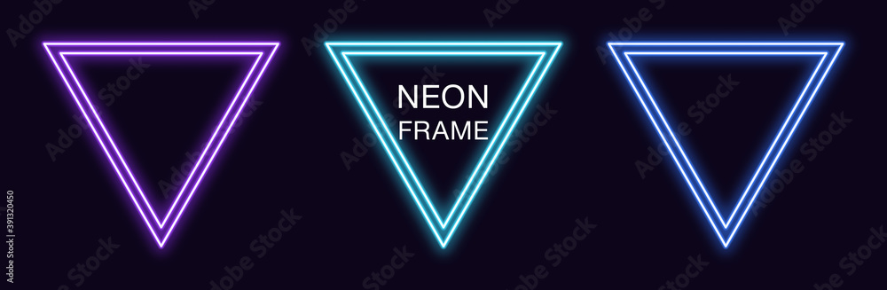 Poster neon triangle frame. set of triangular neon border with double outline