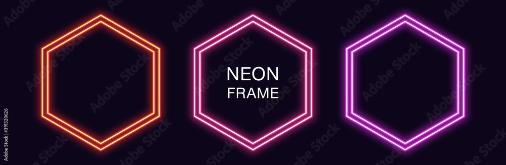 Poster neon hexagon frame. set of hexagonal neon border with double outline