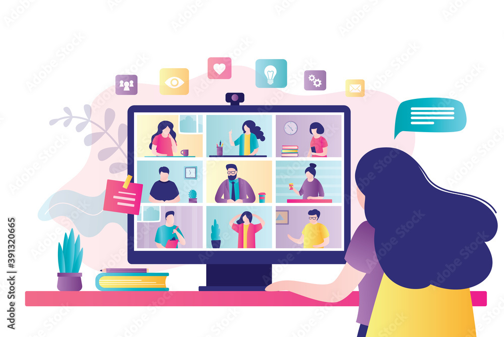 Aufkleber woman communicates with colleagues via video call. desktop computer with group of people taking part