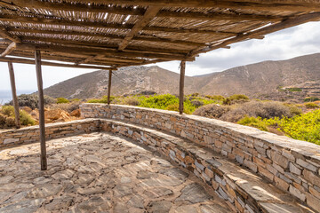 View of the thatched gazebo, Ios Island, Greece.