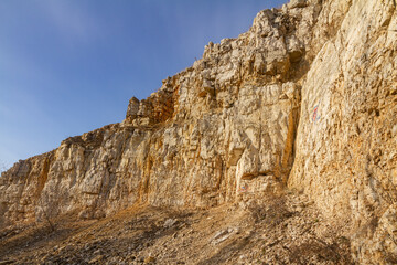 Rocky limestone wall on Tsarevo Kurgan near the city of Samara