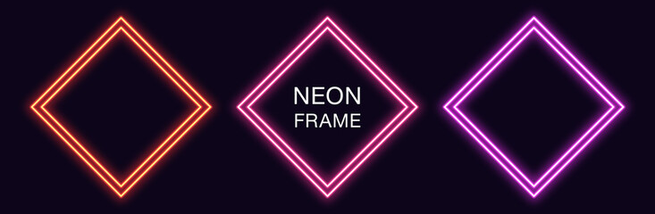 Fototapeta na wymiar Neon rhomb Frame. Set of rhombus neon Border with double outline