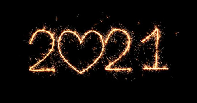 2021 video animation with dynamic particles. Glowing golden numbers on black background. Flicker light. 4K graphic numerals sign. For designing animated Happy New Year greeting cards and banners