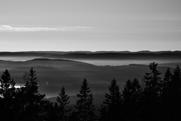 The fog is dense and like a lid on top of Oslo, Norway. Clear sky above the fog and it almost loos like clouds. Shot in golden hour and blue hour to get the best light. Shot from Holmenkollen. 