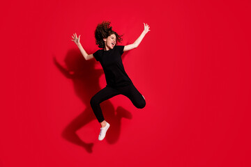 Photo portrait full body view of woman screaming dancing with hands and legs spread like star...