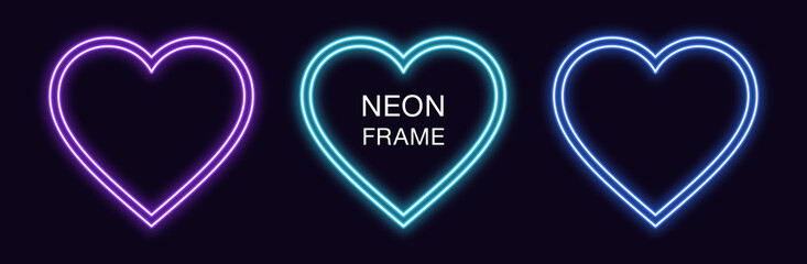 Neon heart Frame. Set of romantic neon Border with double outline