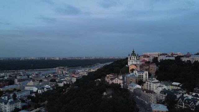 Evening aerial view to the Andriyivskyy Descent and Podol distrit in Kyiv, Ukraine 