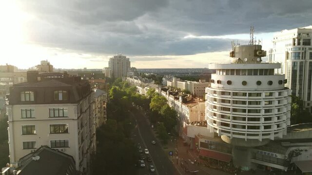 UKRAINE, KYIV - JULE 15, 2020: 
Aerial view to the Soviet modernist hotel Salute in Kyiv. Summer cloudy evening 