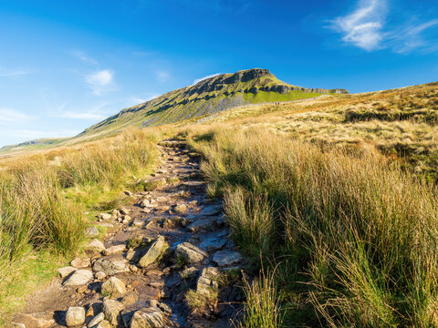 A stone path takes the hiker up to the mountain of Pen-y-ghent in the Yorkshire Dales National Park. At 2,277 feet, the mountain is one of the 'Three Peaks of Yorkshire'.