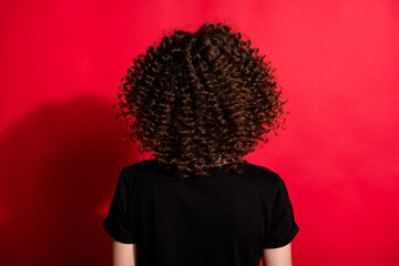 Fototapeta na wymiar Photo portrait back angle of curly girl isolated on vivid red colored background