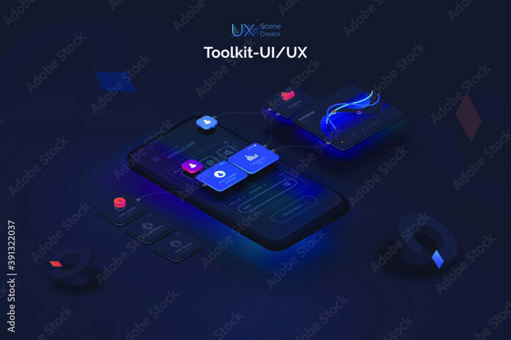 Fototapete User experience. Smartphone mockup on black background with interactive user interface. The process of creating a mobile application. Website wireframe for mobile apps with active layers and links