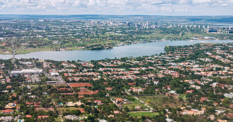 Aerial view Paranoa Lake, JK Bridge and Lago Sul (South Lake) Neighborhood. Brasilia, November 2017